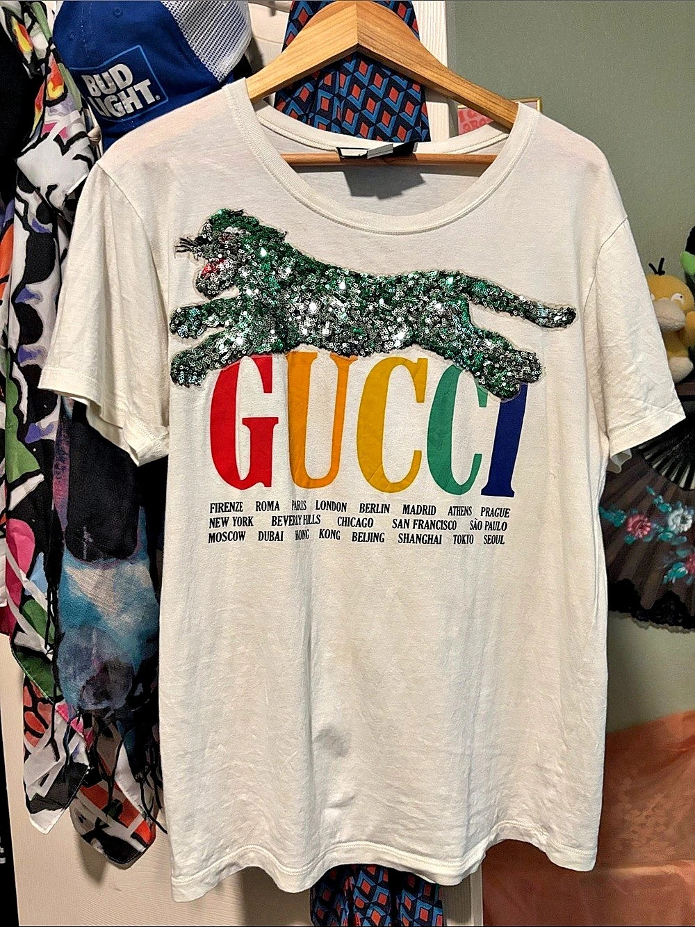 RARE Gucci Sequin Panther Cities T-Shirt White & Green